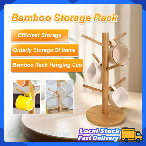 6 Hooks Wooden Cup Holder Bamboo Mug Stand Tea Cup Coffee Mug Hanging Rack Drinkware Storage Stand Shelf 饮具收纳架