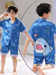 Childrens Summer Ice Silk Short Sleeve Open Cardigan Thin Home Clothes Set Shark Baby Boys Parent-Child Sleepwear Polyester Fiber
