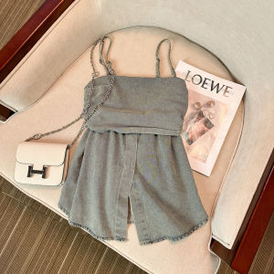 Retro Denim Strap Vest Summer New Style Shoulder Exposure Sleeveless Top Casual Slimming Effect Commute Cotton Blend Single Piece