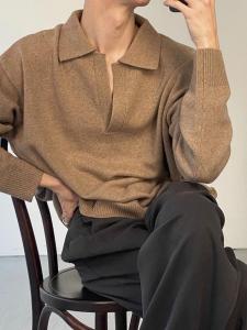 Cashmere Knitted V-Neck Polo Collar Sweater Womens Autumn Winter Layering Loose Lazy Base Long Sleeve Solid Color Commute Style