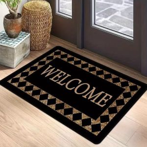 VIKAMA Welcome Black Gold Diamond Checker Luxury Elegant Art Crystal Velvet Door Mat Non Slip Entryway Bedroom Living Room Home