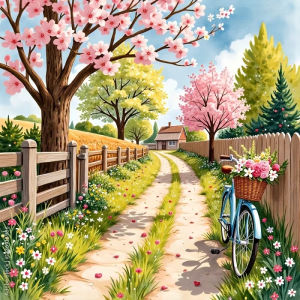 Tranh Khảm Kim Cương Phong Cảnh Hoa Anh Đào HUACAN - Bộ Tranh Khảm Hình Vuông & Hình Tròn Đầy Đủ Thủ Công Mỹ Nghệ Họa Tiết Xe Đạp Thiên Nhiên