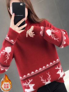 Red Fleece Lined Thickened Half High Collar Sweater Womens Fashionable Commute Style Winter New Years Base Shirt Vee Fly