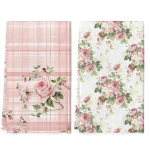 2Pcs Pink Rose Plaid and All-Over Floral Print Kitchen Towels 40Cm*60Cm Towel Set Super Absorbent Soft Cleaning Cloth Cooking and Baking Tea Towel Hand Towel Cleaning Cloth Dishcloth Kitchen Decoration Living Room Decorations Kitchen Essentia...