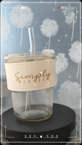 Simply Blessed Glass Coffee Cup with Leather Sleeve and Straw – 400ml