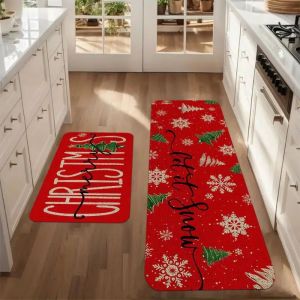 VIKAMA Christmas Kitchen Mat Snowflake Runner Rug Red Non Slip Absorbent Anti Fatigue Floor Mat Happy New Year Home Decor