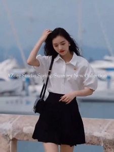 Womens oversized versatile shirt T-shirt plain cotton Korean loose top