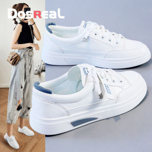 รองเท้าผ้าใบสีขาว ดOSREAL ยางยู่หญิง ลำลองสีขาว สั้นหนังสไตล์เกาหลี สำหรับเด็กนักเรียน