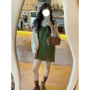 Fall New Arrival Niche Style Chic Loose Print Bandage Dress Long Sleeves Shirt Gentle Sweater and Sleeveless Dress Two-piece Set Women