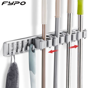 Fypo adjustable mop holder with rug hanger bathroom space saver broom sweeper hook kitchen bathroom storage rack