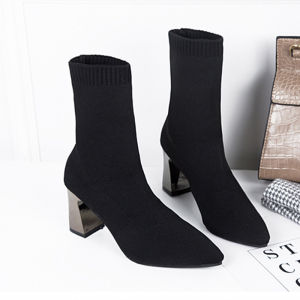 IELGY Fly knitted stretch socks boots womens ankle booties 2024 pointed-toe block heels look skinny martin boots
