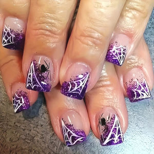 24Pcs Square Press On Nails Halloween Sparkling Purple Cobweb Fake Nails Reusable False Nail Wearing Fingernails for Women/Girls