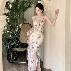New Chinese Style Gentle Butterfly Flower Lace Edge Strapless Long Dress Women Summer Design Pure Desire Split Dress
