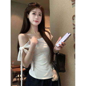 Slim Fit Short Sleeve T-Shirt Womens Summer Design Sense Tie Dye Shoulder Top Butterfly Knot Commute Style Polyester Fabric