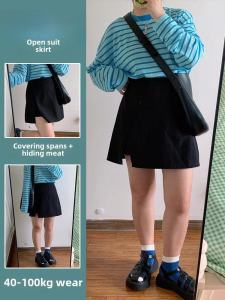 Pear-Shaped Figure Hiding Skirt for Women Early Autumn Chubby plus Size Black Irregular Slit Suit a Word Short Pantskirt