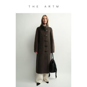 Sculptured Feel Loop Mohair Wool Stand Collar Leather Buckle Belt Saddle Shoulder Long Coat