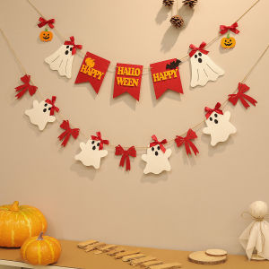 Halloween Retro Cute Red Bow White Bell Ghost Party Decoration Banner Background Wall Flag Pendant