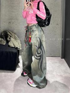 Retro American Washed Denim Jeans Womens Fall New Spicy Design Sensation Totem Print Floor-Length Pants High Waist Wide Leg