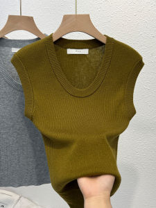 เสื้อยืดถักสไตล์อเมริกันที่ทันสมัยสําหรับผู้หญิงสลิมฟิตคอยูคอกลมแขนสั้นยาวเสื้อผ้าทํางานสีธรรมดา