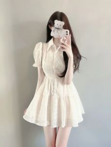 French Style Shirt Dress Womens Summer 2024 New High Waist Elegant Tea Break Short Skirt Bubble Sleeve Polo Neck Single Button