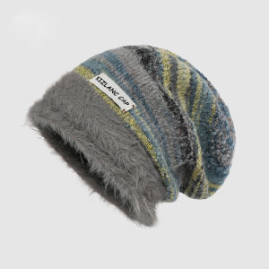 ผู้หญิง ฤดูหนาว หมวกถักตุ๊กตาย้อนยุคหน้าเล็กกลางแจ้ง อุ่น ขนสัตว์ หมวกสภาพอากาศหนาวเย็น Headwear เส้นรอบวงขนาดใหญ่สไตล์ชายคา