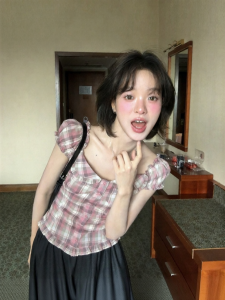 NIHAOKANONG | Áo Sơ Mi Họa Tiết Caro Tay Bồng Vintage Mùa Hè