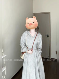 Đầm Dài Tay Rộng Màu Xám Có Mũ Trùm Đầu Cho Nữ Váy Dài Xếp Ly Thon Gọn Váy Dài Chữ A Mùa Thu Dáng Chữ A Không Thương Hiệu