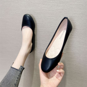 Fashionable Flat Work Shoes for Women Summer New Style Comfortable Ballet Soft Leather Black Casual Shoes round Toe Glue Welding