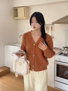 Jaket rajutan retro sweter rajutan kerah V lengan panjang wanita gaya Korea yang populer