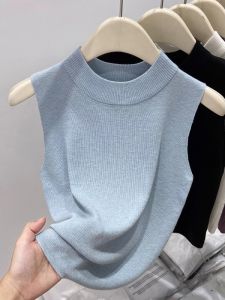 เสื้อกั๊กถักแขนกุดคอสูงครึ่งตัวสไตล์เกาหลี ทรงสลิมฟิต ลำลอง สำหรับฤดูร้อน 2025 เสื้อตัวบนสั้น ทรงเข้ารูป เสื้อผ้าทำงาน