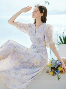 XIANGYING | V-neck Tencel Summer Dress Purple Print Resort Style