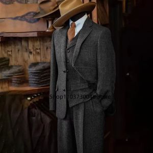Brown/Gray Mens Wool Tweed Slim Fit 3 Piece Suit Winter Formal Herringbone Business Groom Tuxedo Male Jacket Vest Pants Set