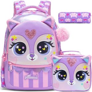 3PCS Kids Backpacks for Girls Cute Animal School Bag with Lunch Box Pencil Case Primary Child Back to School Backpacks Girls Bag