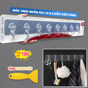 Móc Treo Quần Áo Dán Tường Tường 6 Nhánh Treo Khăn Phòng Tắm Nhà Bếp Đa Năng Siêu Dính Chịu Tải Lớn TẶNG Thanh Cán
