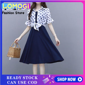 LOMOGI Women Summer Dress+blouse Shirts 2 Piece Set Sleeveless Polka Dot Dress Middle Dress