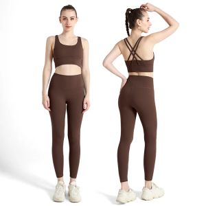 Summer New 2 Piece Yoga Clothes  Womens Tracksuit Athletic Cross Back Nylon Yoga Top Women Sports Bra Leggings Pilates Fitness