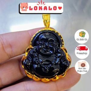 Mặt dây chuyền phật di lặc Khung Vàng Đá Đen dành cho người mạng Thủy và Mộc đeo phong thủy may mắn Lokalo 8.2.2025