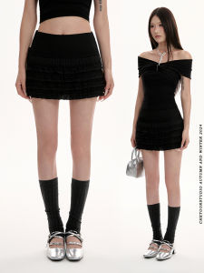 Black Lace Trim Cake Skirt High Waist A-Line Pleated Short Skirt Womens Summer New Style Slimming Half-length Skirt