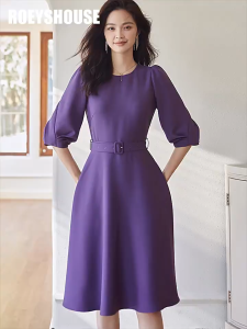 Đầm Tím Dáng Xoè Thắt Eo Nữ Tay Lỡ / Váy Công Sở Kiểu Hàn Quốc Sang Trọng Thanh Lịch