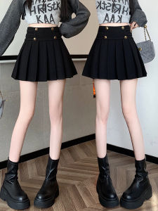 High Waist A-Line Mini Skirt for Women Woolen Plaid Black Pleated Slimming Short Skirt Commute Korean Style Pure Color