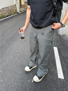กางเกงขายาวทรงตรงสไตล์อเมริกันสำหรับฤดูร้อน กางเกงขายาวทรงตรงสีเทา ทรงบาง ทรงสลิมฟิต กางเกงขายาวสำหรับใส่ทำงานแบบลำลอง