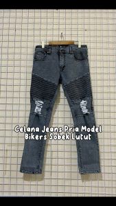 Celana Jeans Ukuran 28 - 38 Jumbo Model Bikers Ripped Sobek Lutut Tidak Tembus Pria Distro