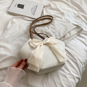 Spring Summer Womens Commuter Bucket Bag Butterfly Knot Versatile Shoulder Bag Soft Fabric Casual Pure Color Trendy Handbag