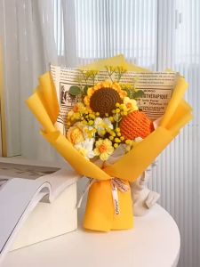 Crochet Flower Bouquet Handmade Knitted Flower Artificial Bouquet Sunflower Tulip Rose Bouquet Mothers Day Birthday Graduation Celebration Bouquet