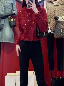 Red Knitted Base Shirt Womens Winter New Style Small Fragrance round Neck Sparkling Age-Defying Short Sleeve Sweater