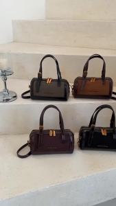 Retro Suede Panel Boston Bag for Women Cylinder Top Handle Handbag with Gold Chain Casual Crossbody Shoulder Purse for Daily D
