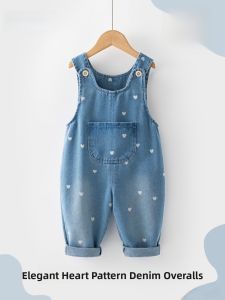 Spring Autumn Baby Girls Denim Overalls High Waist Cotton Polyester Blend Casual Heart Patterned Childrens Pants Trendy Baby Suit