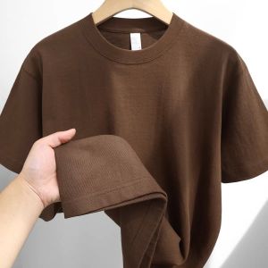 Pure Cotton Short Sleeve T-Shirt for Men American Style 300g Thick Body with Double Collar Anti-Wrinkle for Daily Wear