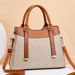 Handbag Wanita Casual Monogram Desain Elegan Warna Bronze/Krem