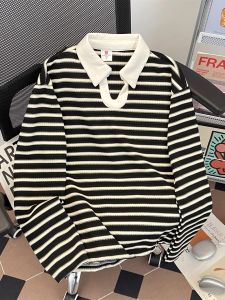 American Retro Striped V-Neck Long Sleeve Mens T-Shirt Casual Loose Fit Preppy Style Polo Shirt CleanFit Regular Length